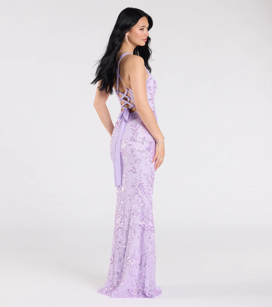Lexie Floral Sequin Lace-Up Mermaid Dress in Lavender