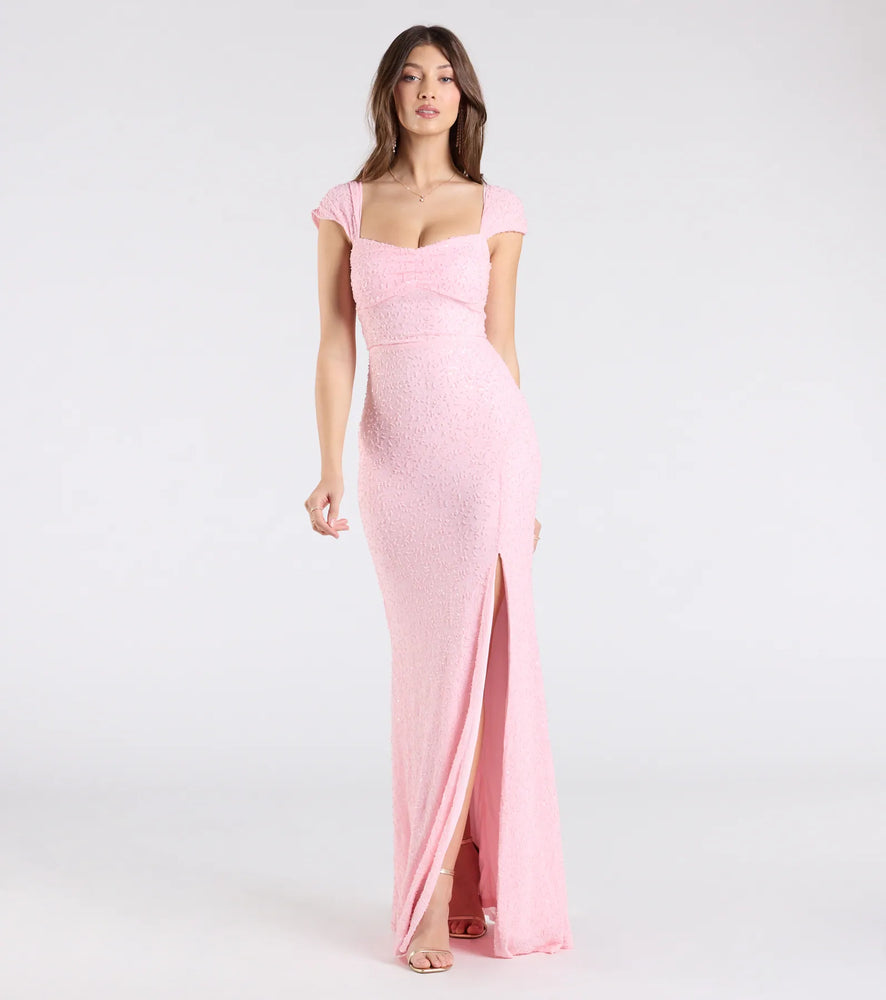 Windsor Greta Short Sleeve Lace-Up Slit Beaded Formal Dress in Pink
