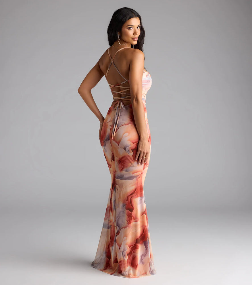 Windsor Korey Lace-Up Mermaid Abstract Formal Dress in Rust