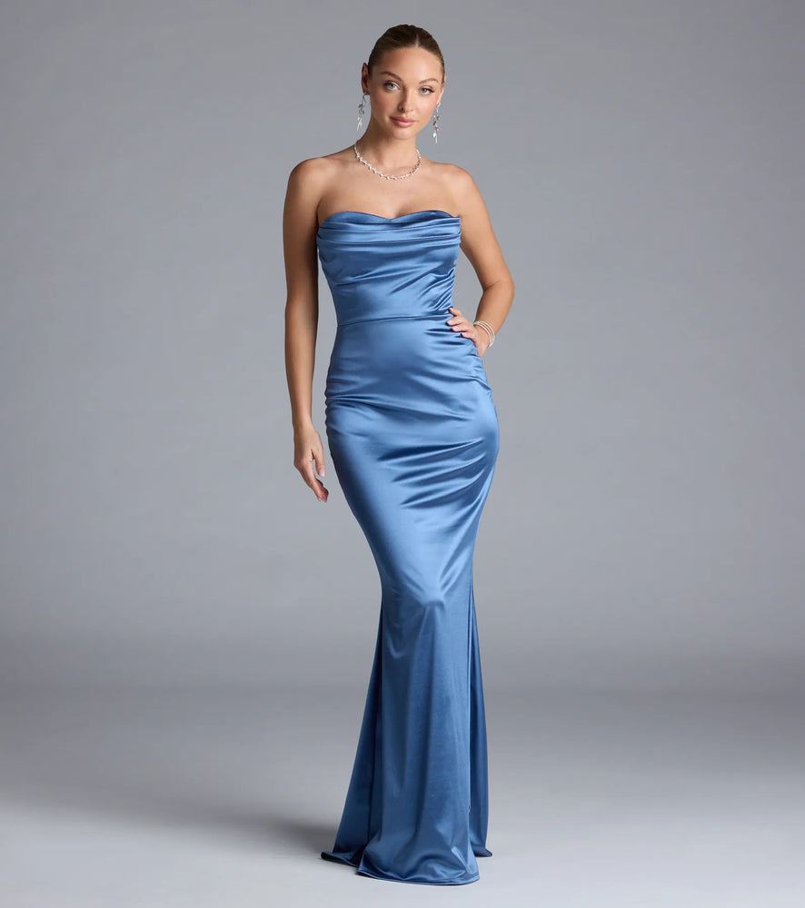 Windsor Priscilla Formal Satin Strapless Mermaid Dress in Denim