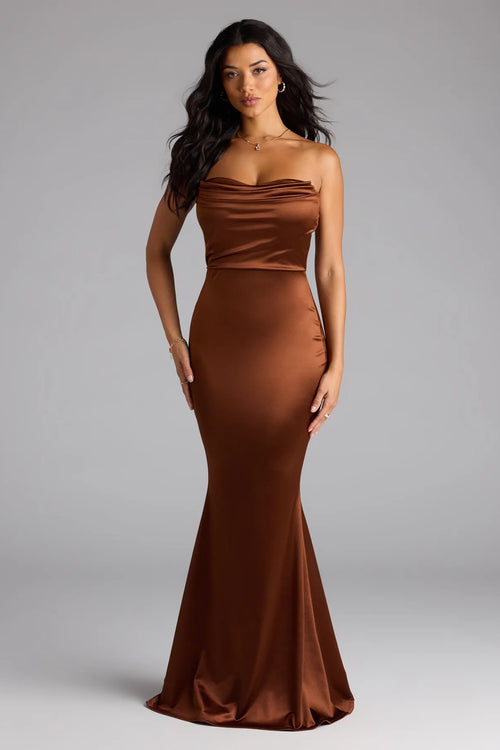 Priscilla Formal Satin Strapless Mermaid Dress in Brown-2