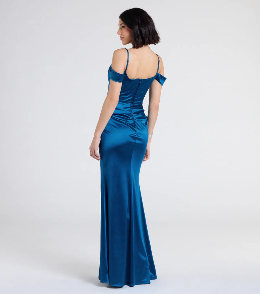 Trista Cold Shoulder Slit Satin Formal Dress in Teal