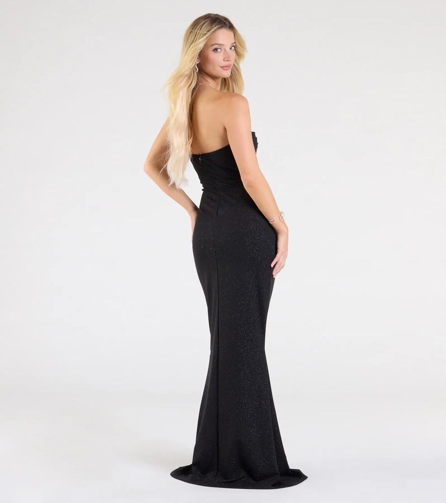 Jaqueline Strapless Slit Glitter Formal Dress in Black
