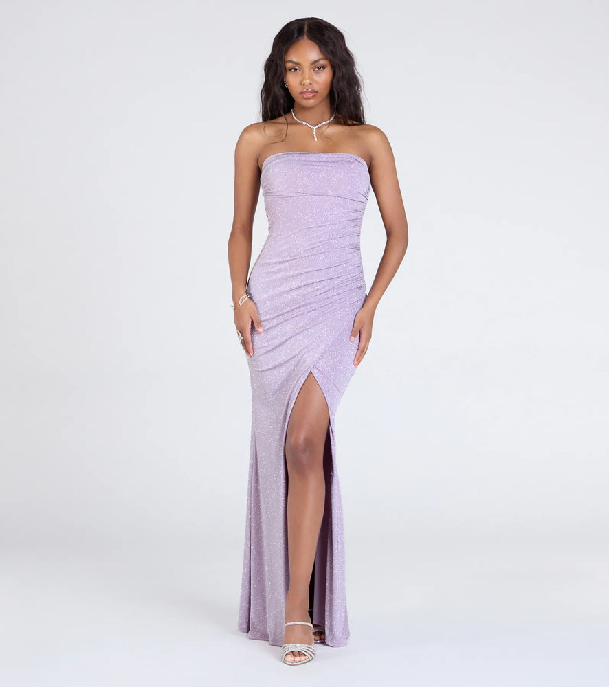 Kaye Strapless Mermaid Slit Glitter Formal Dress in Lavender