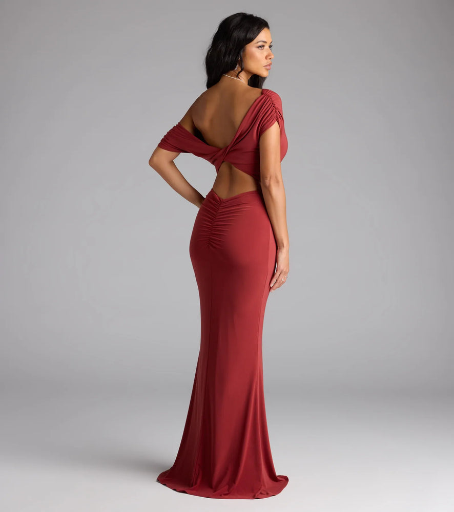 Raven Off-Shoulder Cutout Mermaid Formal Dress in Rust
