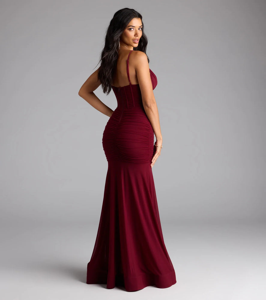 Cesca Corset Slit Mesh Formal Dress in Burgundy