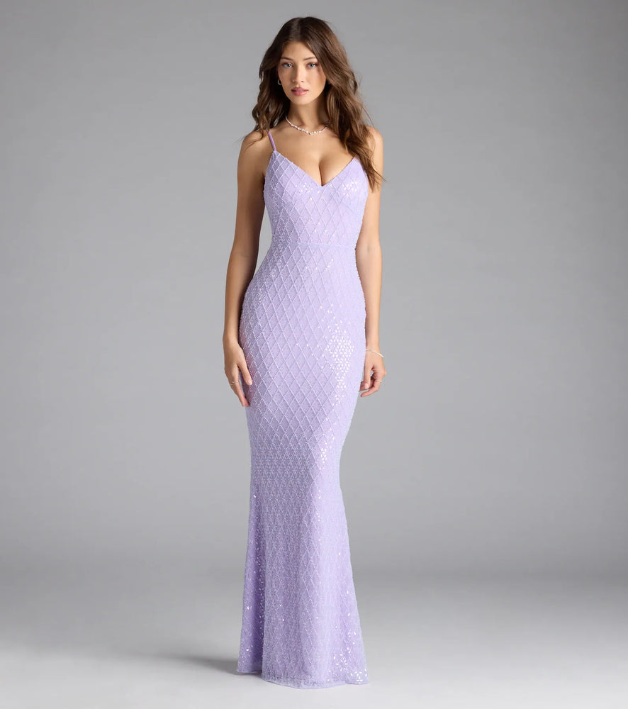 Windsor Kaylie V-Neck Bodycon Sequin Bead Formal Dress in Lavender
