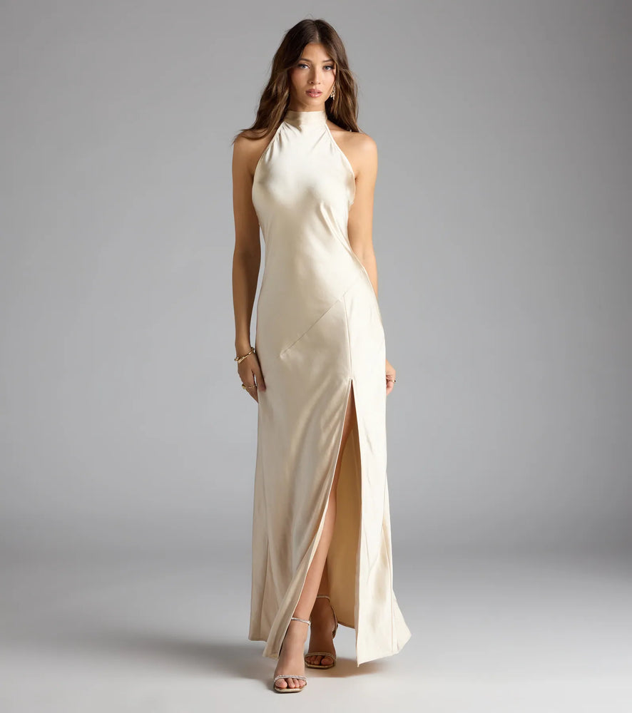 Andie Halter Open Back Slit Satin Formal Dress in Gold