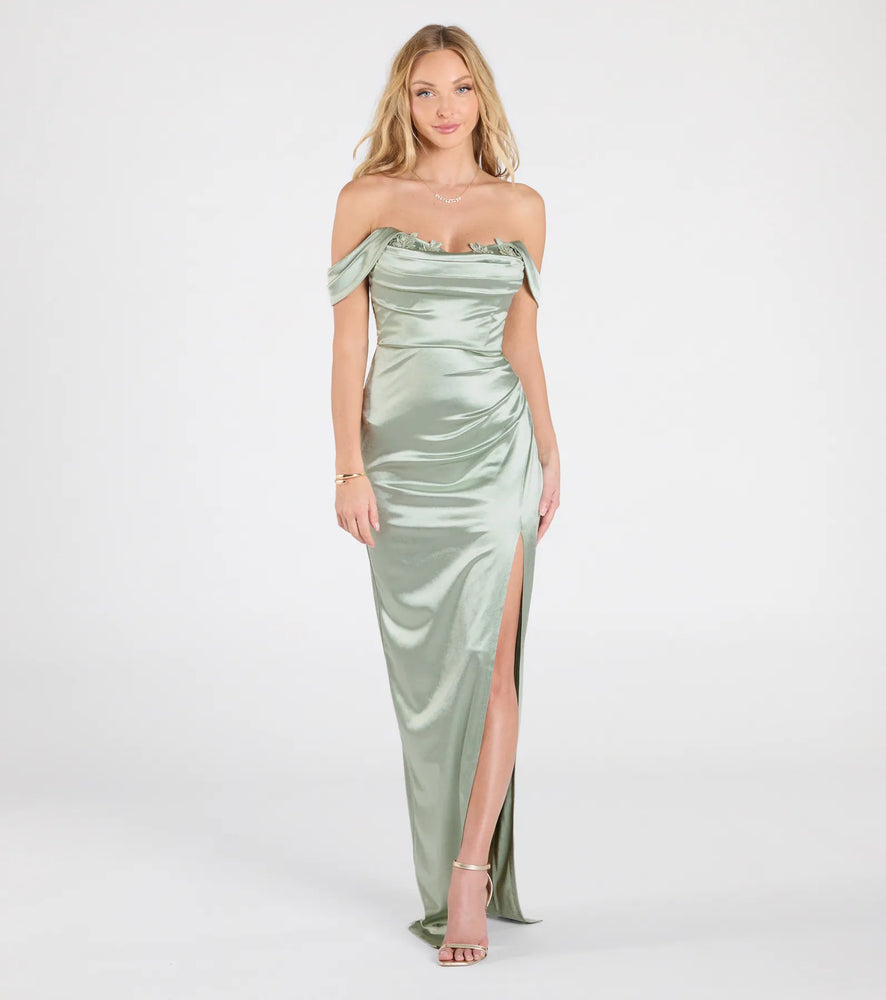Phoebe Off-The-Shoulder Lace-Up Satin Formal Dress in Sage