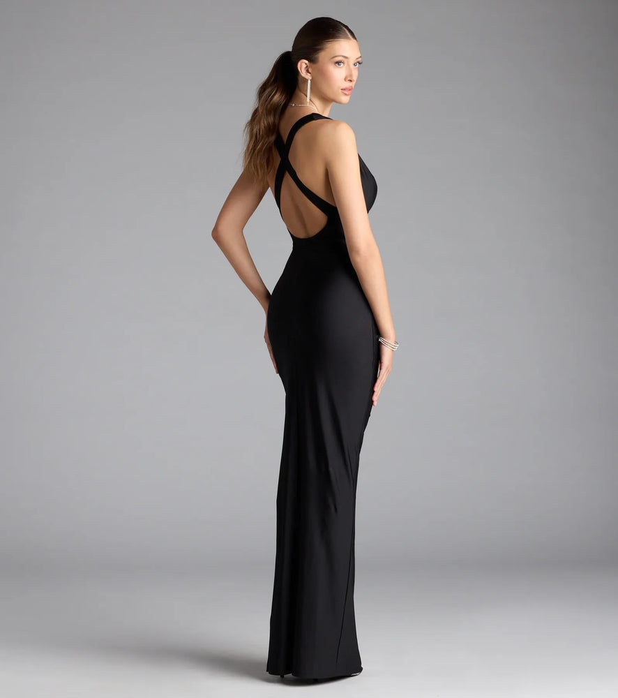 Windsor Jenn V-Neck Strappy Back Slit Long Formal Dress in Black