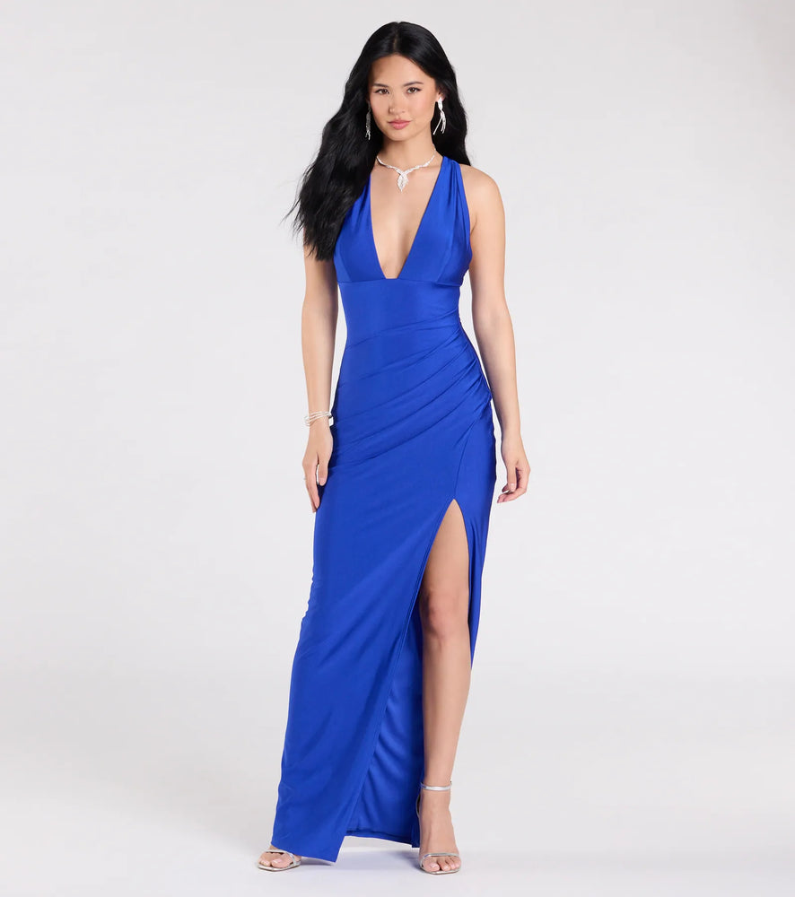Windsor Jenn V-Neck Strappy Back Slit Long Formal Dress in Royal Blue