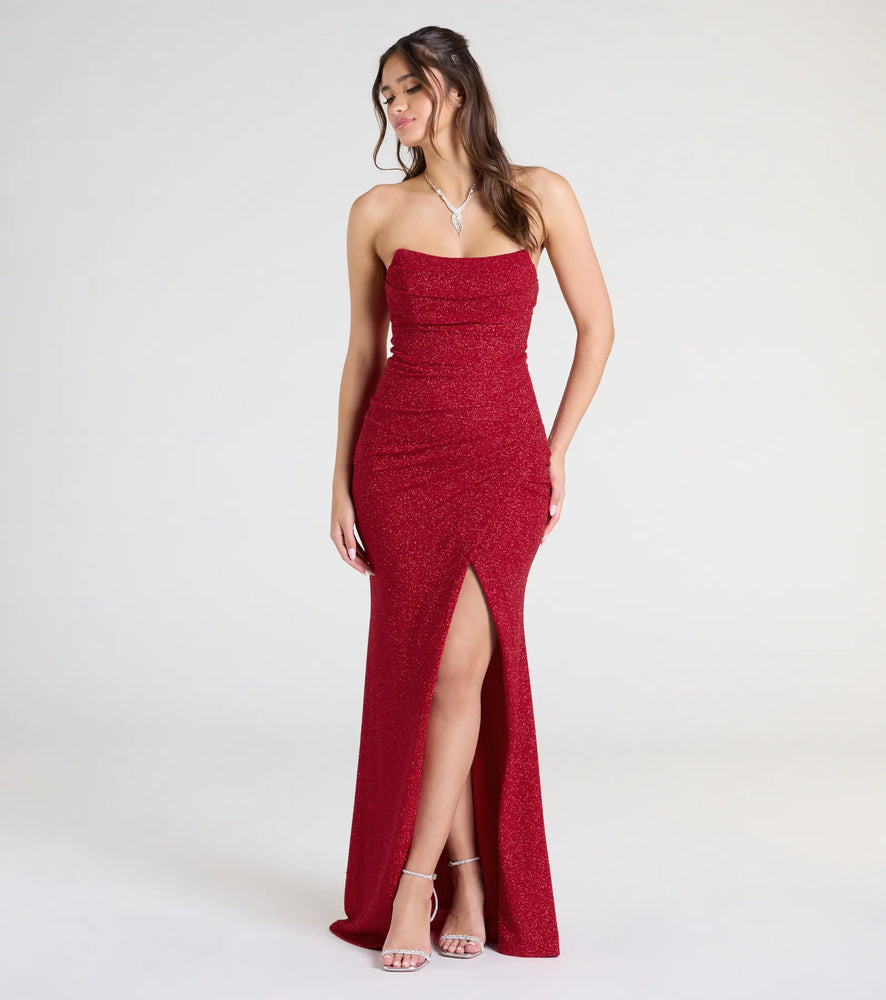 Perry Glitter Knit Wrap Slit Mermaid Dress in Red