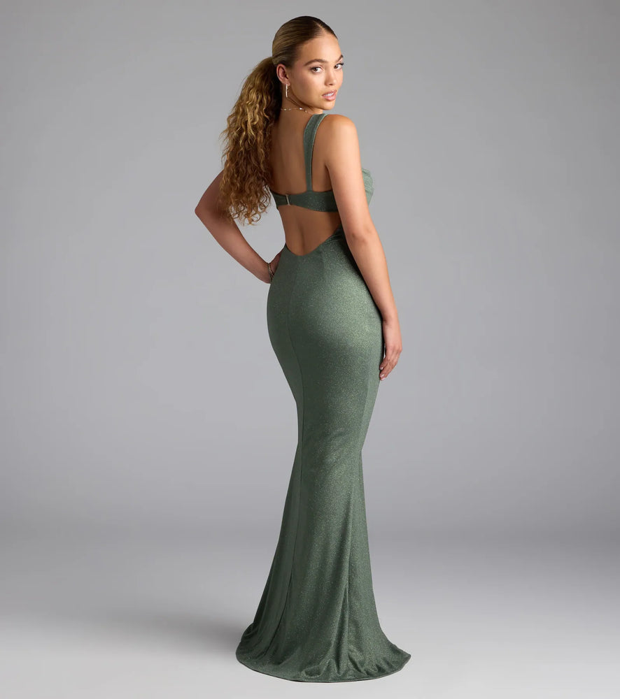 Catherine Open Back Mermaid Glitter Formal Dress in Olive