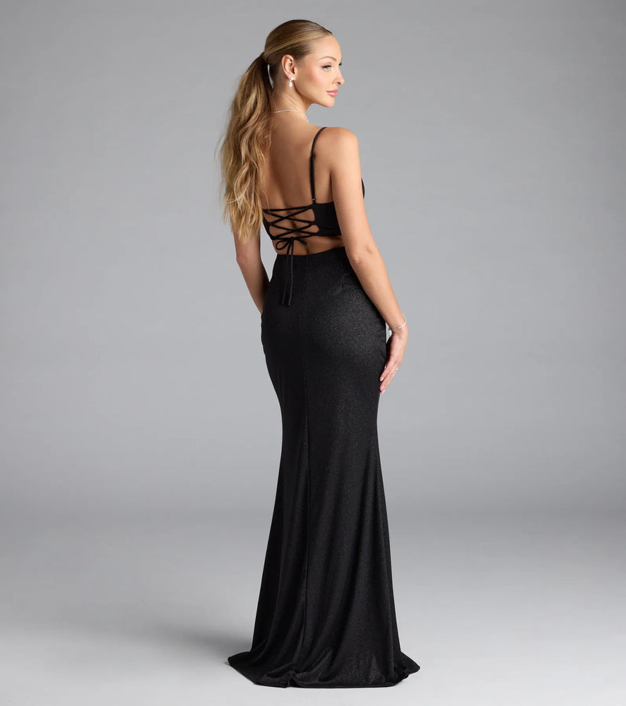 Mariam Lace-Up Slit Mermaid Glitter Formal Dress in Black