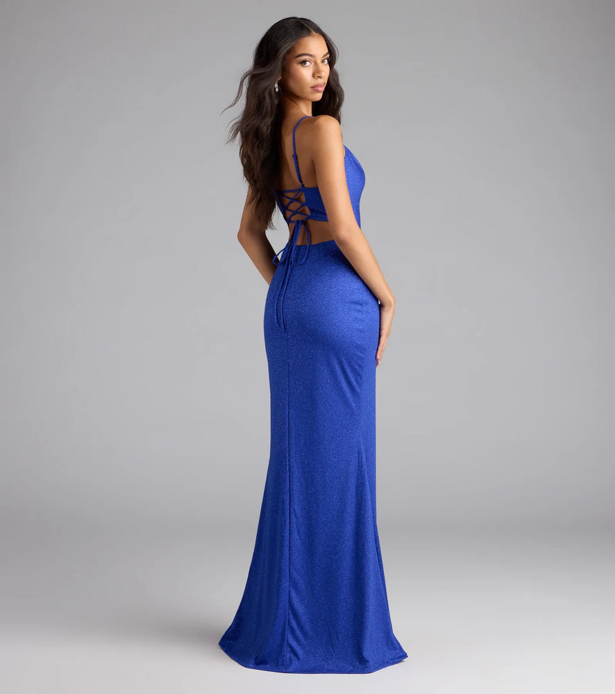 Mariam Lace-Up Slit Mermaid Glitter Formal Dress in Royal Blue