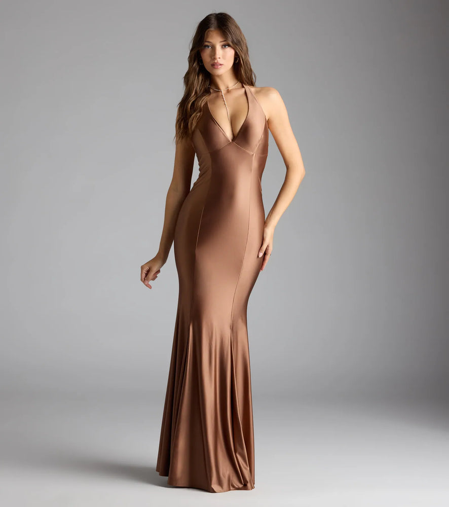 Jen V-Neck Halter Mermaid Formal Dress in Mocha