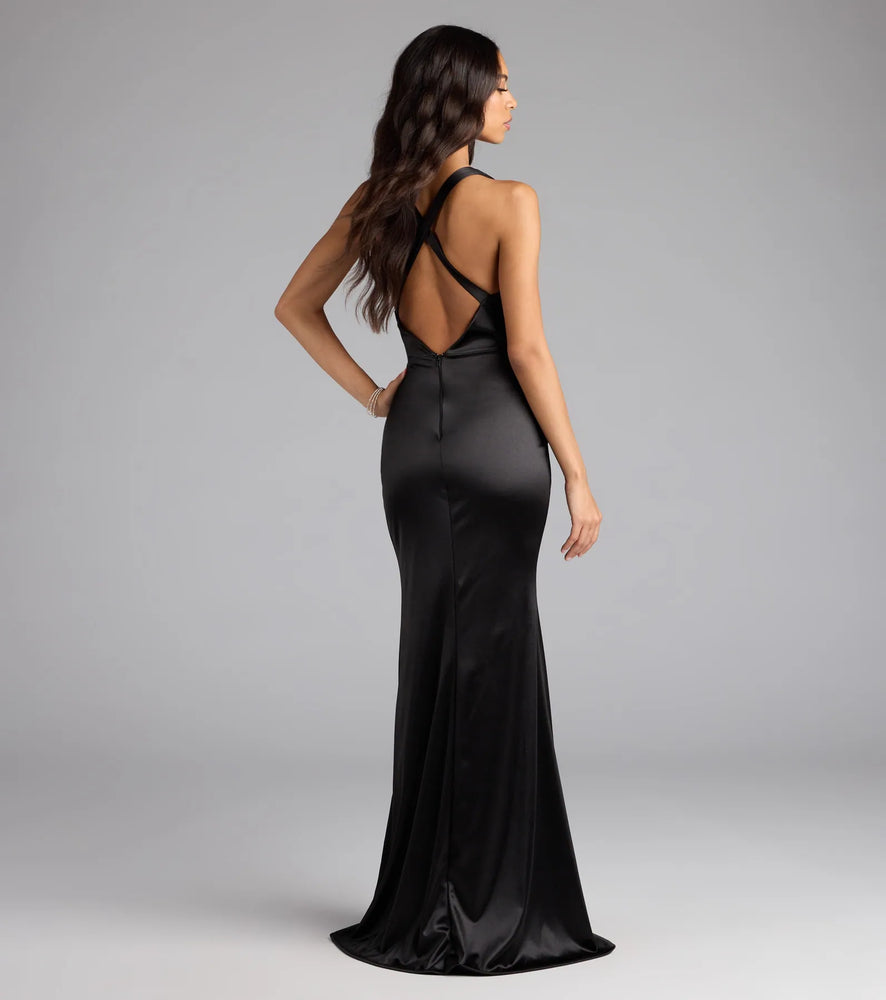 Judy Open Back Slit Mermaid Satin Formal Dress in Black