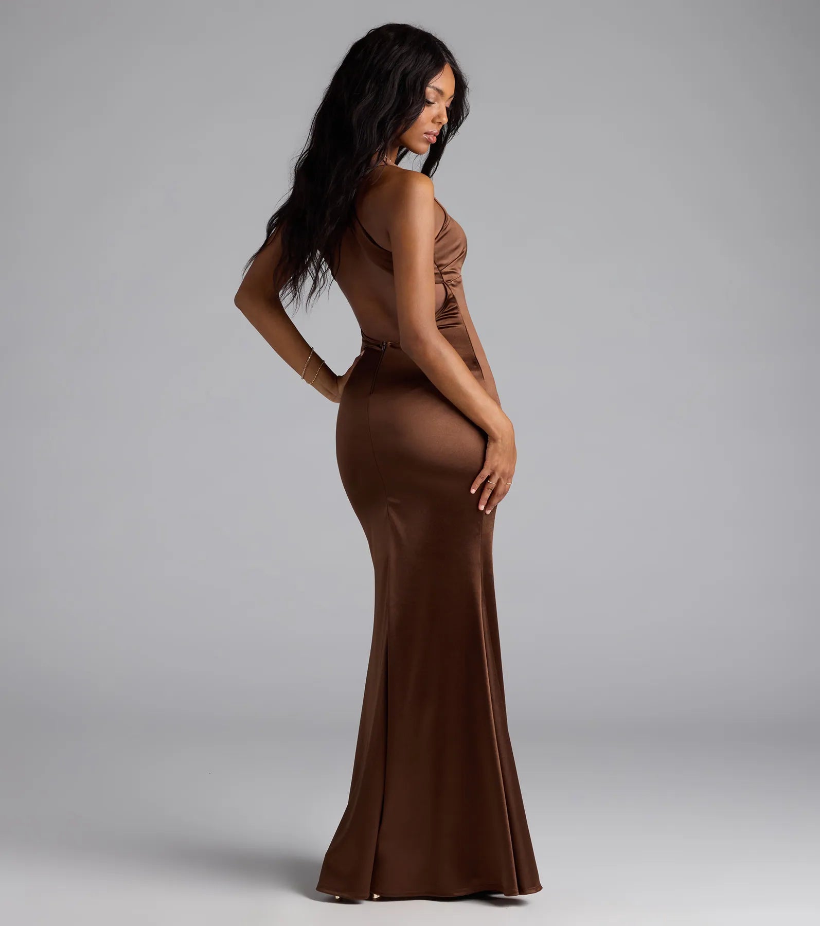 Windsor Rosella Open Back Mermaid Satin Formal Dress in Brown