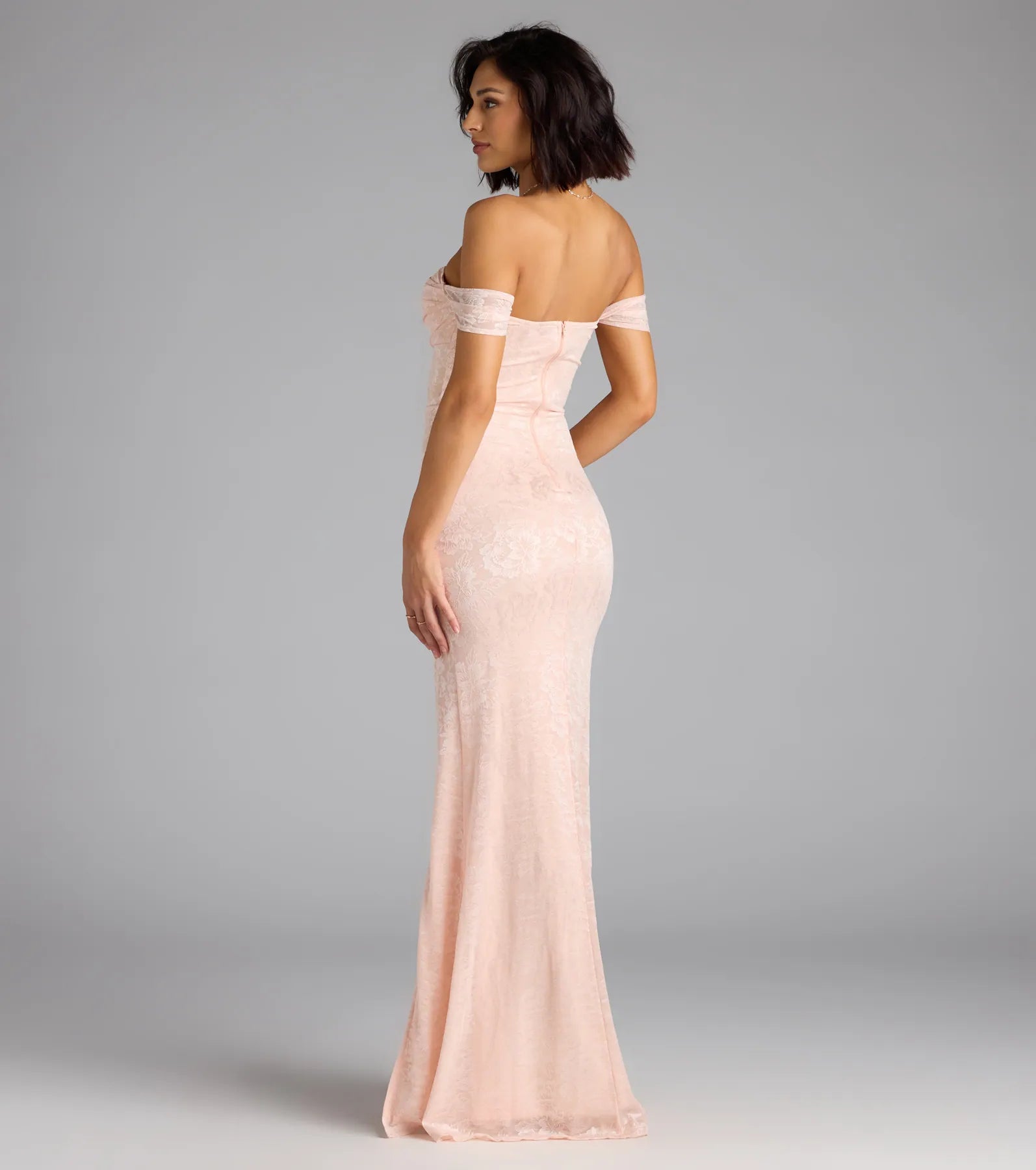 Windsor Candence Corset Mermaid Lace Formal Dress in Pink