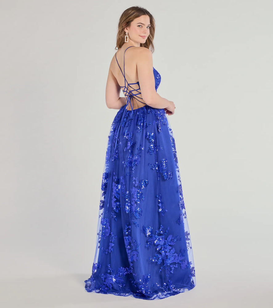 Sharen Lace-Up A-Line Sequin Ball Gown in Royal Blue
