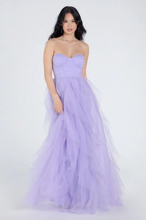 Lindsey Bustier A-Line Ruffle Tulle Ball Gown in Lavender