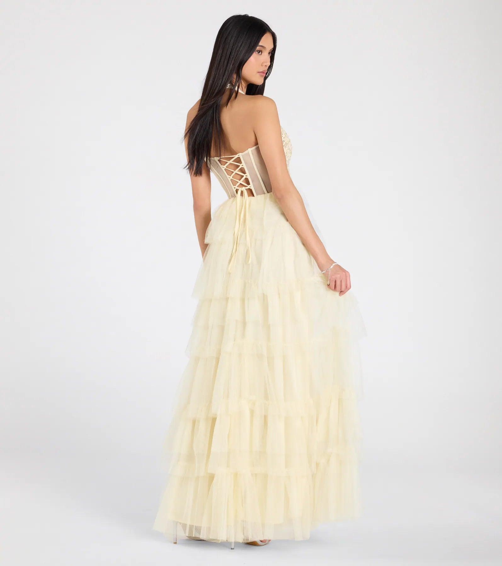 Windsor Bristol Floral Applique Ruffled Tulle Ball Gown in Yellow
