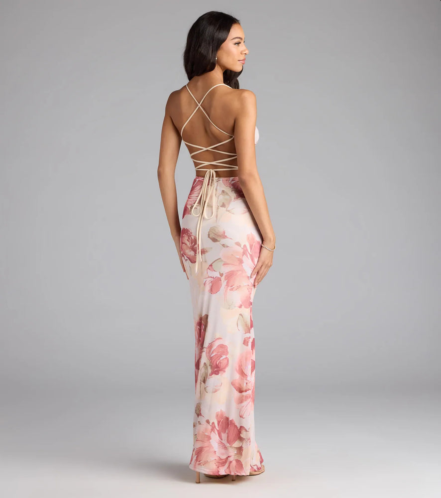 Romantic Flair Floral Lace-Up Maxi Dress in Natural