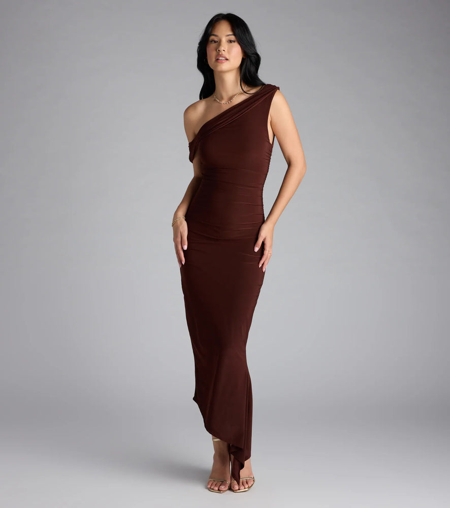 Can't Deny It One-Shoulder Bodycon Midi Dress in Brown
