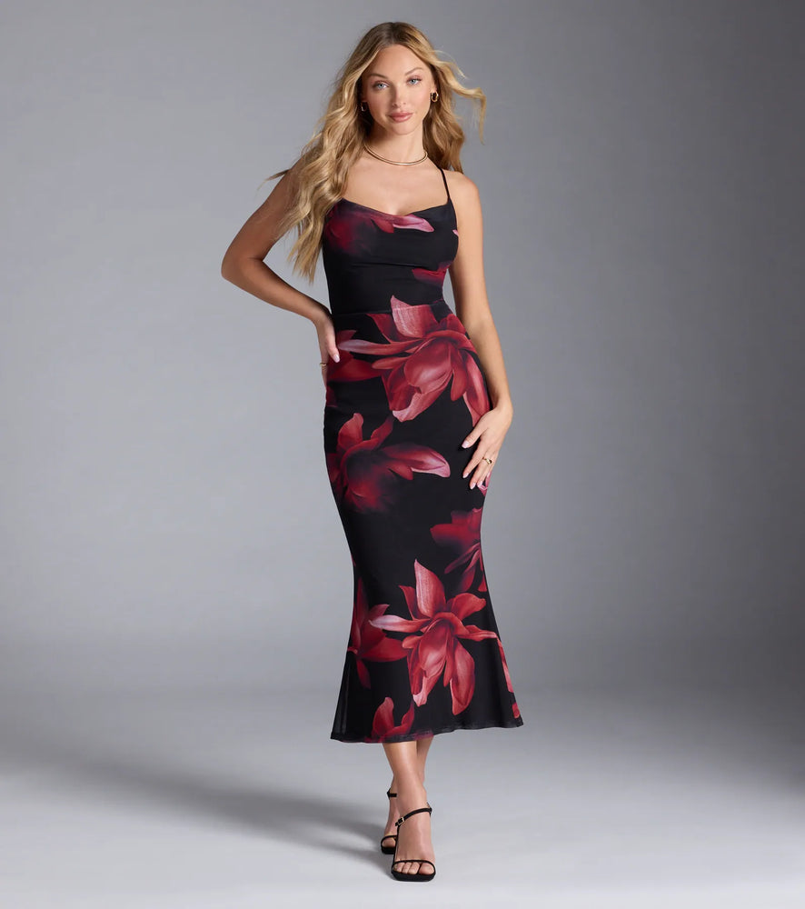 Captivating Floral Mesh Lace-Up Midi Dress in Black