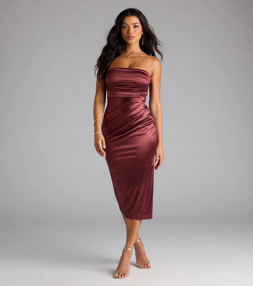 Windsor Cocktail Hour Strapless Satin Slit Midi Dress in Maroon