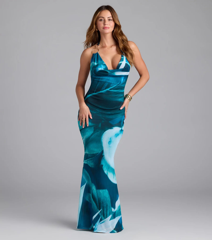 Dinner With A View Abstract Open Back Maxi Dress in Blue