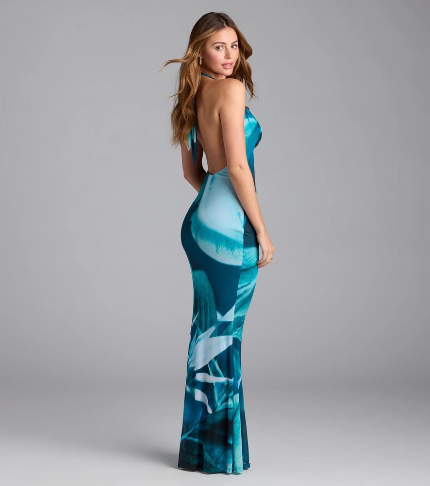Dinner With A View Abstract Open Back Maxi Dress in Blue