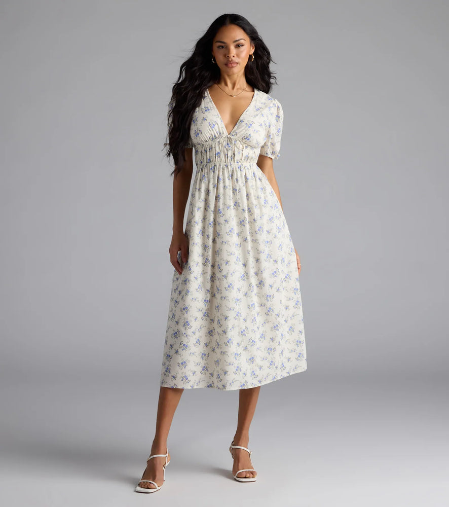 Summer Smiles Floral Puff Sleeve A-Line Midi Dress in Ivory