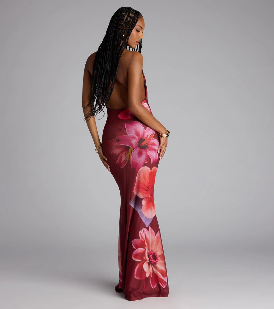 Amalfi Coast Plunge Neck Mermaid Floral Maxi Dress in Burgundy