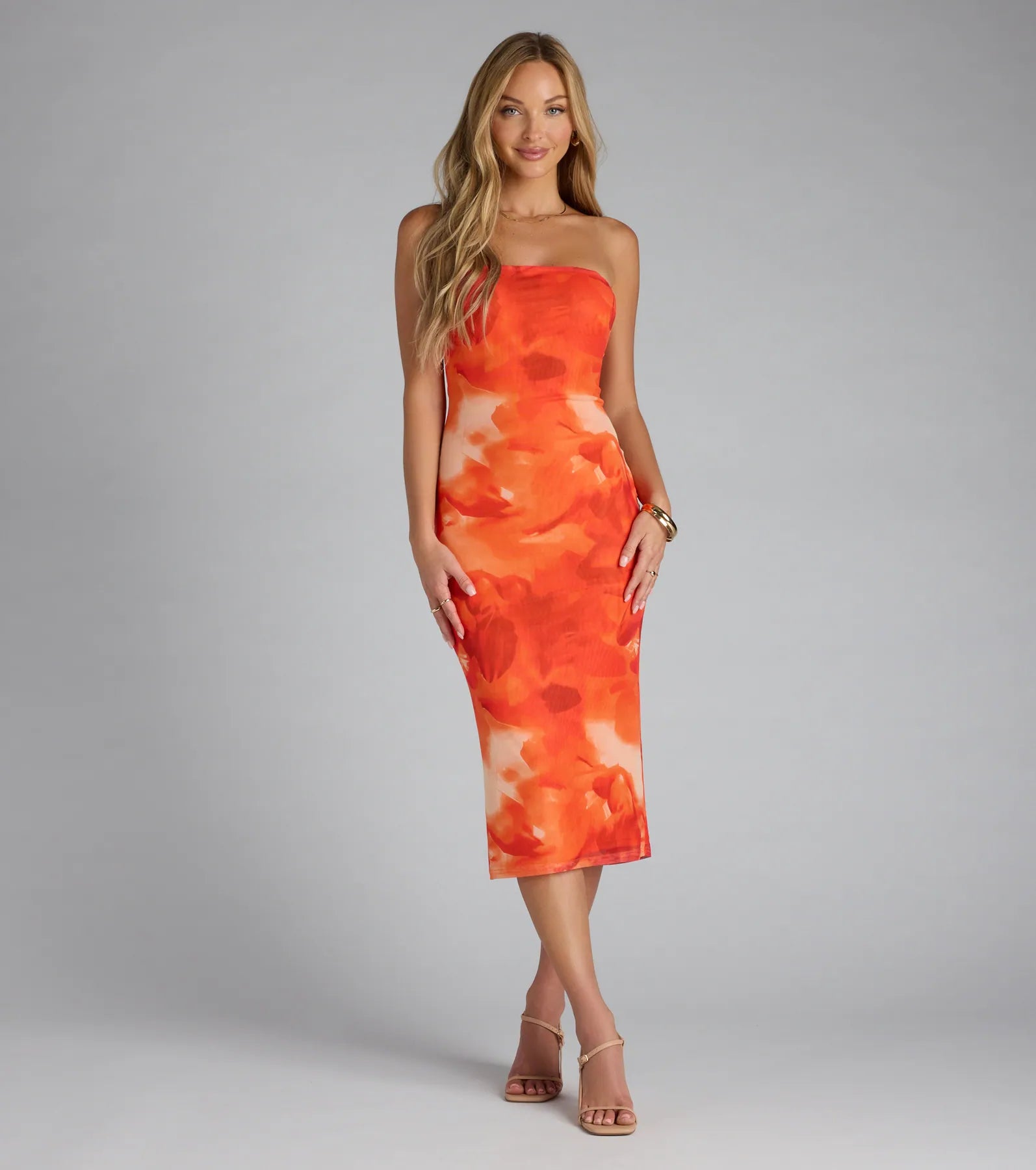Strapless Abstract Print Stretchy Sheer Mesh Fitted Knit Tube Midi Dress