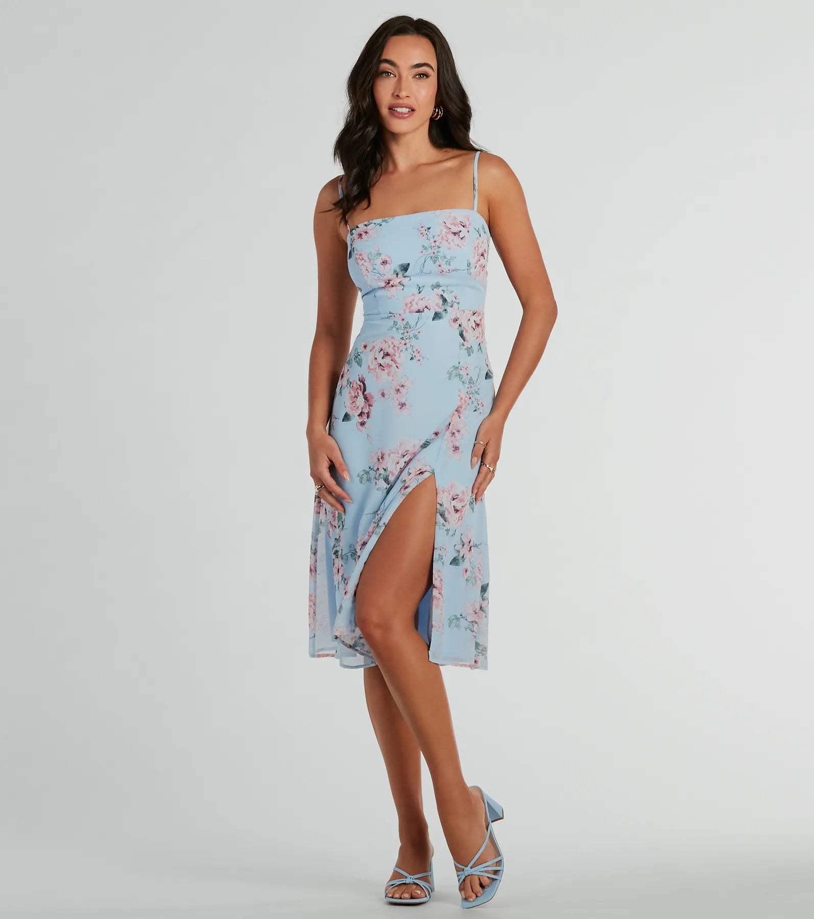 A-line Strapless Floral Print Sleeveless Spaghetti Strap Smocked Square Neck Spring Summer Tea Length Back Zipper Fitted Slit Stretchy Sheer Skater Dress/Midi Dress