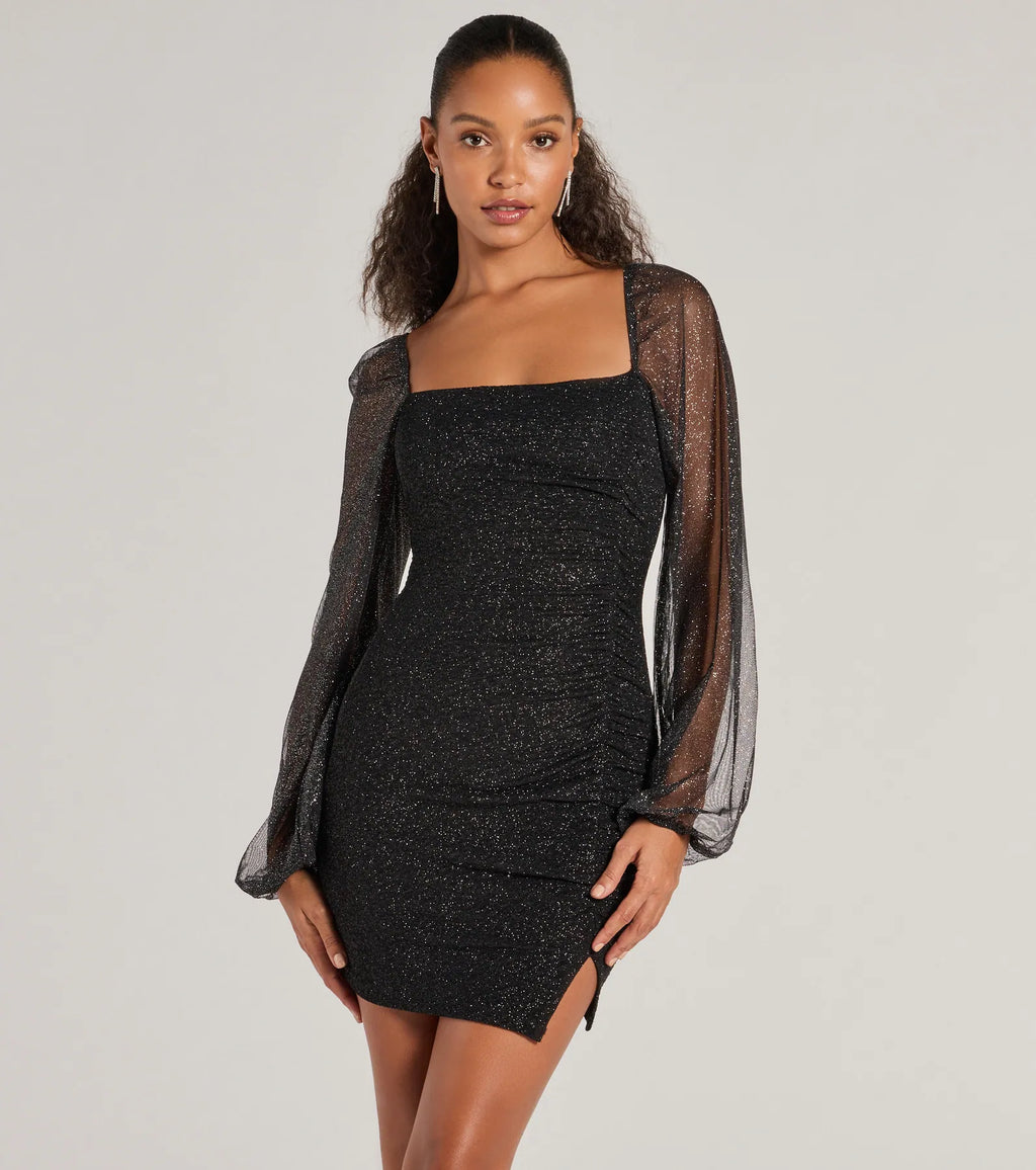 Shimmer Season Sequined Long Sleeve Mini Dress Black
