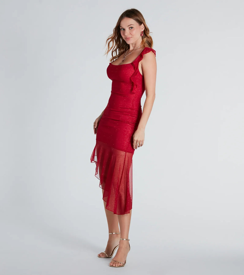 Feelin' Glam Sequined Tulle Ruffle Midi Dress Red Lavender