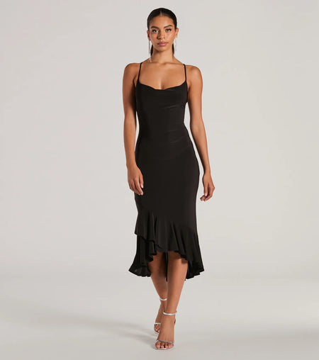 Secret Weapon Cowl Neck Ruffle Bodycon Midi Dress Black