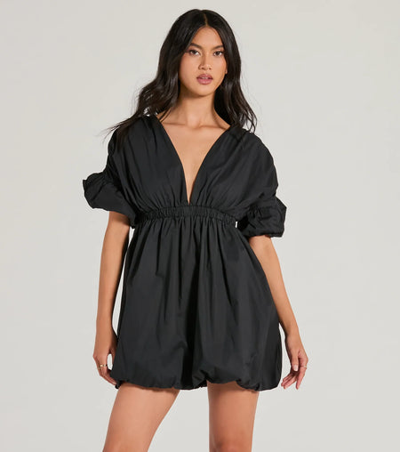 Love Game Plunge V-Neck Bubble Skater Dress Black