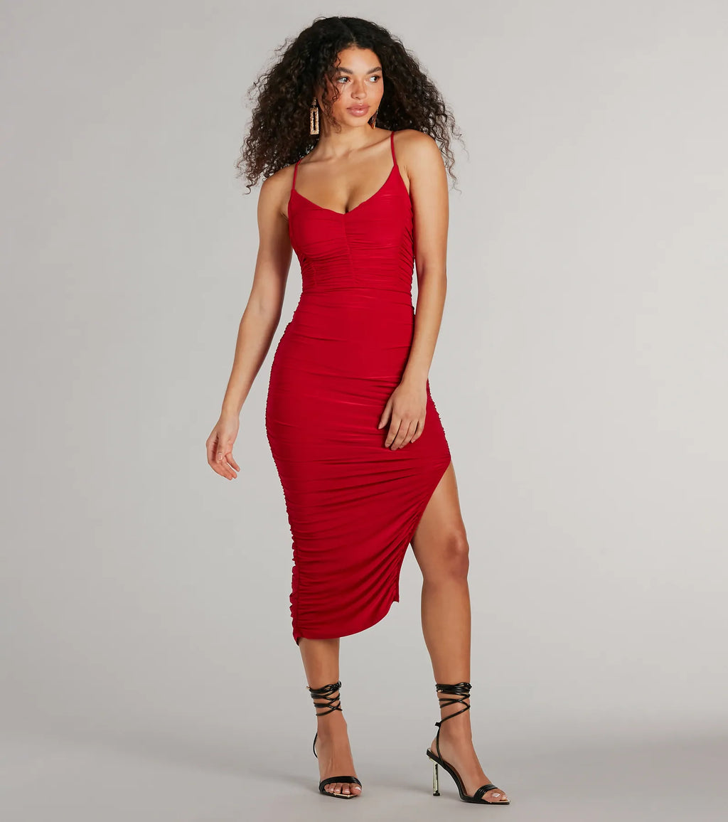 Sultry Status High Slit Ruched Bodycon Midi Dress Red