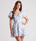 Short Floral Print Sweetheart Lace-Up Self Tie Tiered Fitted Vintage Fit-and-Flare Puff Sleeves Sleeves Skater Dress