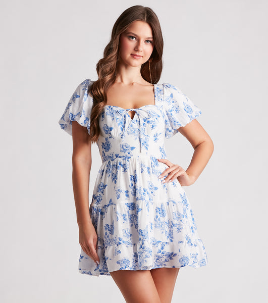 Puff Sleeves Sleeves Floral Print Tiered Vintage Self Tie Fitted Lace-Up Fit-and-Flare Sweetheart Lace Skater Dress/Midi Dress