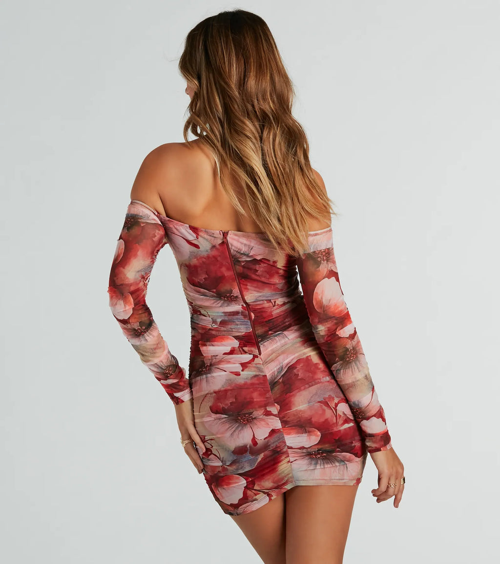 Bold Bloom Off Shoulder Floral Mesh Mini Dress Red Blue