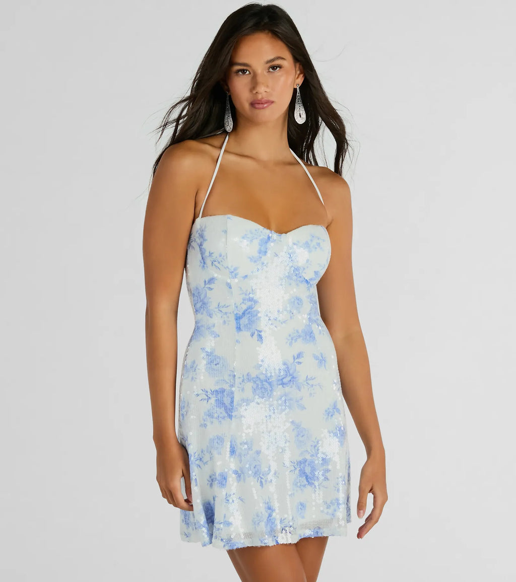 Sparkly Excellence Floral Sequin Short A-Line Dress White