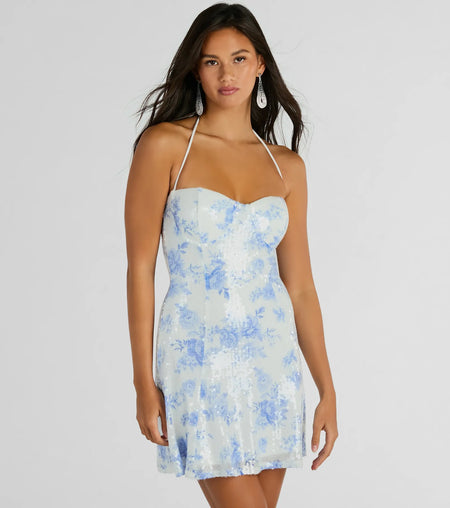 Sparkly Excellence Floral Sequin Short A-Line Dress White