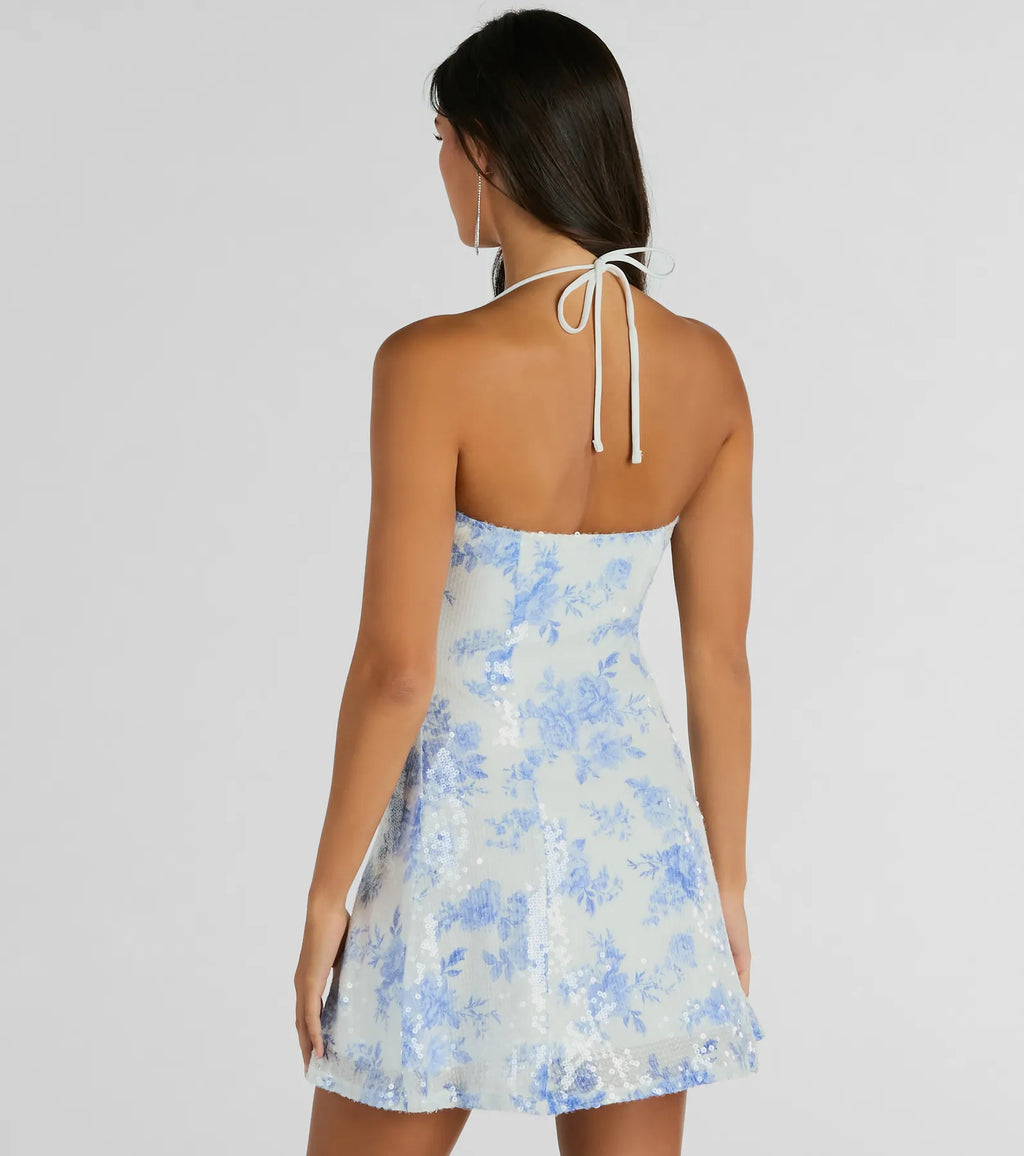 Sparkly Excellence Floral Sequin Short A-Line Dress White