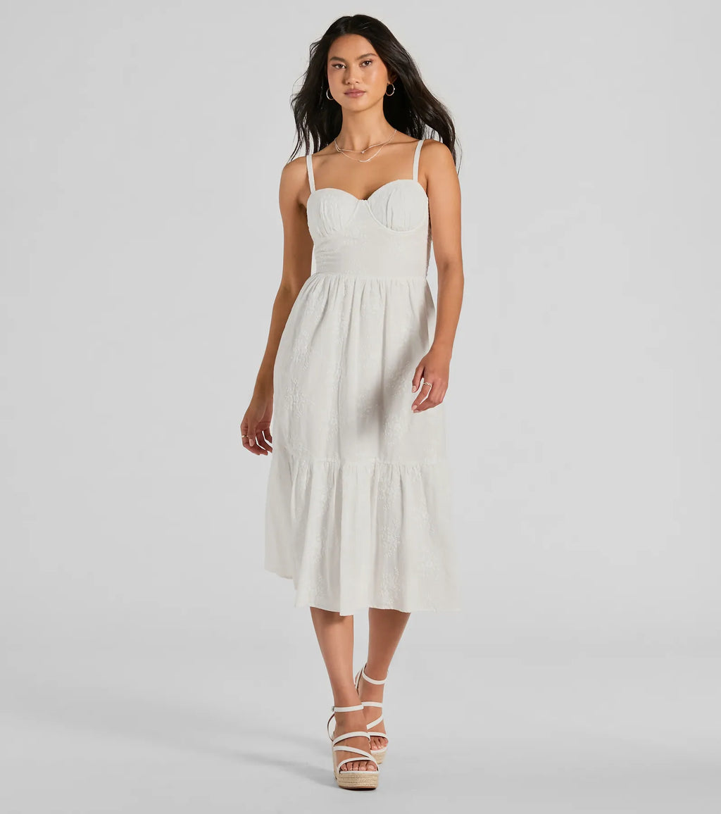 Playful Summer Eyelet Ruffle Midi Dress White