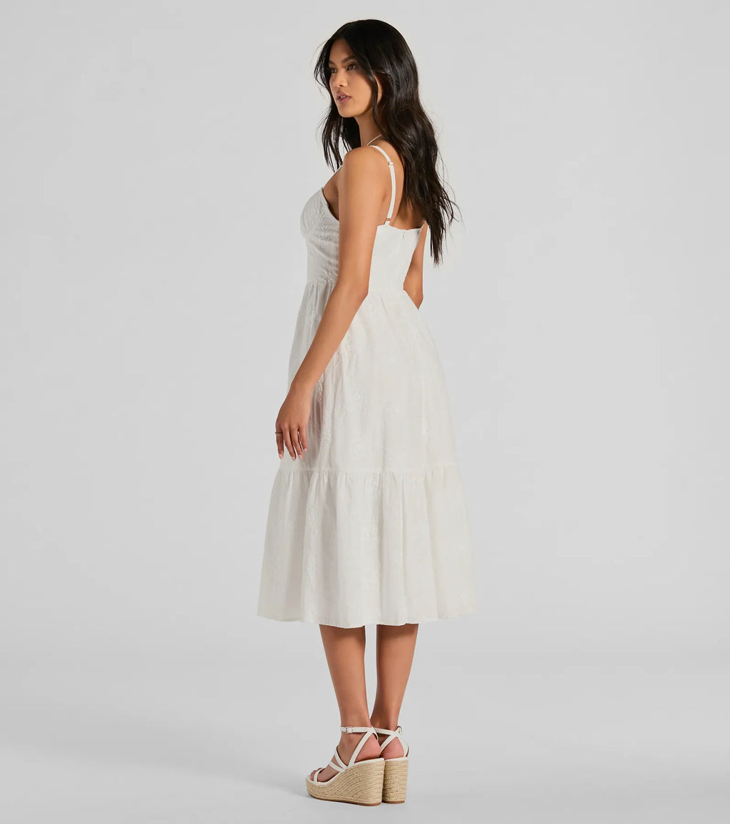 Playful Summer Eyelet Ruffle Midi Dress White