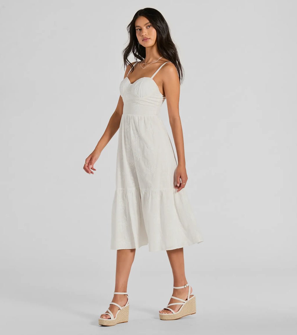Playful Summer Eyelet Ruffle Midi Dress White